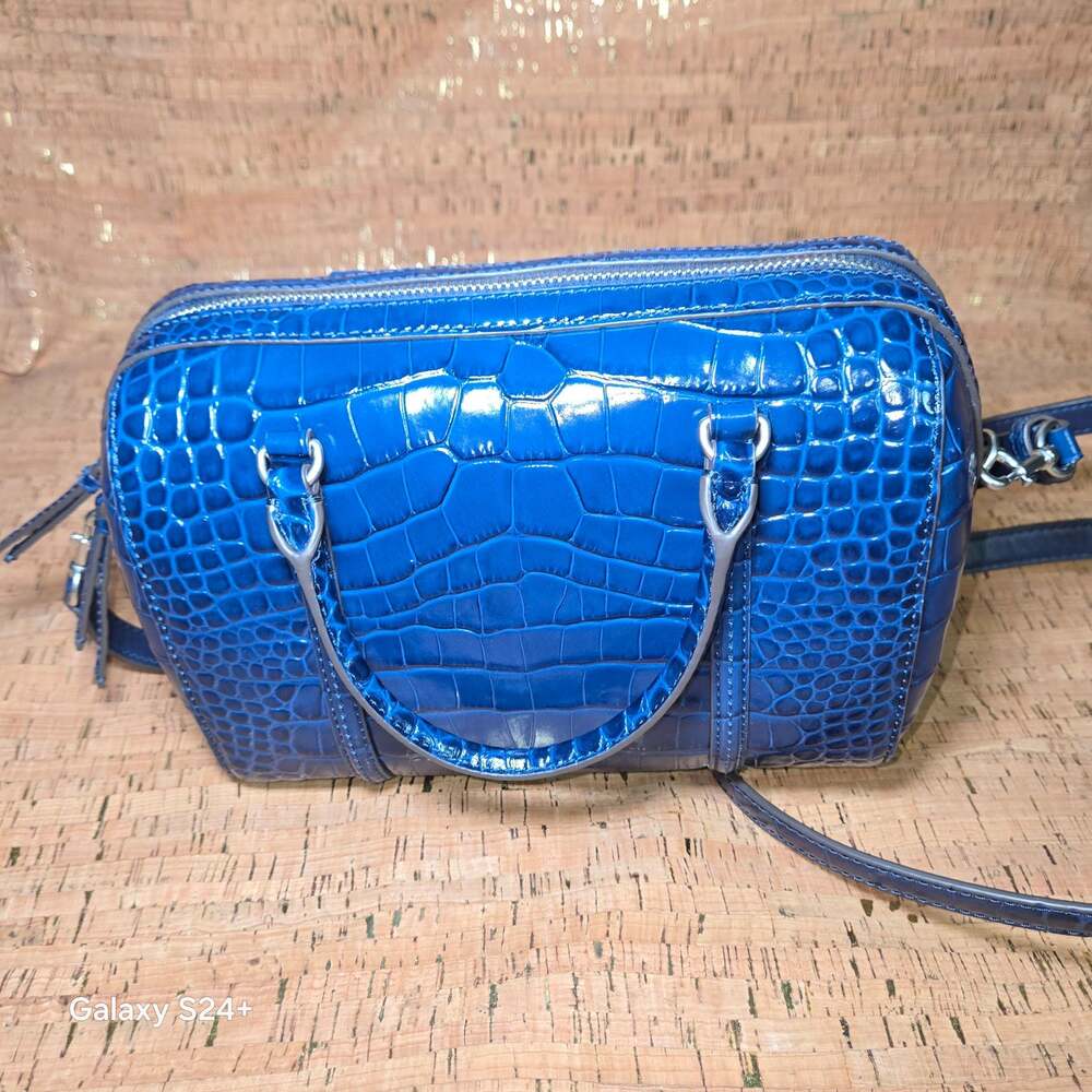 Tory Burch Amanda Mini Satchel Blue Croc-Embossed Leather Crossbody Bag - Picture 3 of 14